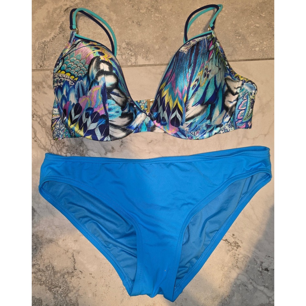 Gottex Peacock Print Bikini Top Sz 12 and Coco Rave Blue Bottoms Medium Set